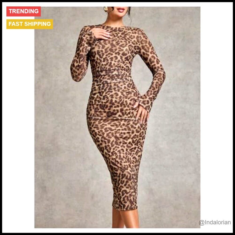 Mesh Long Sleeve Bodycon Midi Dress Elegant Cocktail Party Evening Wear - Picture 4 of 5